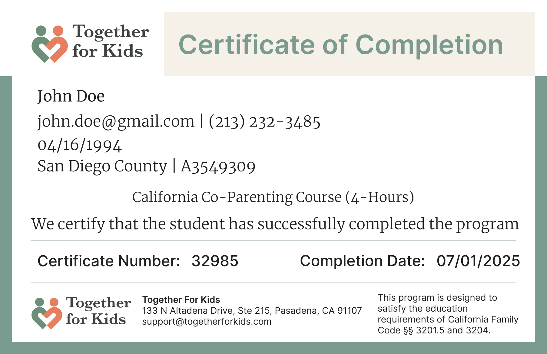 Sample completion certificate